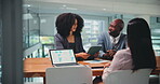 Teamwork, tablet and planning with business people in office for meeting, investment data and chart. Research, digital report and budget progress with employees in agency for partnership and review