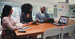 People, talking and laptop for video call in office with financial update, data analysis and tips. Team, screen and pc for virtual meeting, corporate webinar and listen to feedback of investment chat