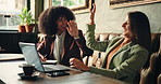 High five, laptop and team with business people in cafe for remote work, restaurant branding and success. Hospitality, collaboration and support with employees in coffee shop for online planning