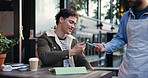 Happy man, customer and waiter with pos machine at cafe for phone payment, transaction or purchase. Male person, host and service with mobile smartphone for tap to pay, NFC or scan at coffee shop