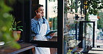 Business, phone call and waiter with tablet, man and food order with online management. Person, reservation and store owner with cellphone, tech or restaurant schedule with digital app for inventory