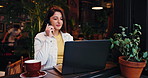 Coffee, laptop and woman in cafe for freelance career with creative project for online client. Cappuccino, phone and female copywriter with computer for remote work in restaurant, diner or bistro.