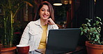 Face, laptop and remote work with woman in coffee shop for research or small business startup. Computer, planning and smile with freelance Indian employee at internet cafe or restaurant for service