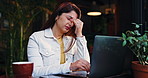 Remote work, woman and laptop with headache at cafe for blog deadline, workload or submission. Freelance journalist, person or migraine in restaurant for publication stress, pressure or mental health