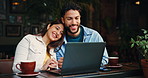 Date, laptop and relax with couple at coffee shop together for bonding, conversation or romance. Computer, connection and love with happy people at internet cafe or restaurant for break or wellness