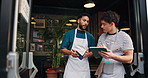 Teamwork, waiter and tablet with people in cafe for delivery schedule, inventory list and stock order. Hospitality, restaurant manager and barista planning with small business owner in coffee shop