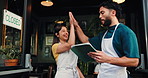 Teamwork, tablet and high five with people in cafe for delivery schedule, inventory success and order. Hospitality, restaurant manager and barista goals with small business owner in coffee shop