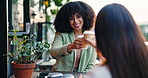 Smile, toast and women with coffee at cafe for conversation, chatting or lunch break. Relax, discussion and female friends with cheers for caffeine, cappuccino or tea beverage at outdoor restaurant
