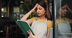 Stress, woman and waitress on tablet at cafe for bad review, inventory mistake and customer complaint. Thinking, person and digital for wrong order, cancelled reservation and poor reputation of store