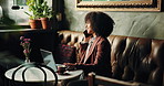 Remote work, phone call and communication with laptop in coffee shop for talking, online report and freelancing. Entrepreneur, woman and tech in cafe for business, startup proposal and web research