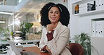 Laptop, thinking and business woman in office for insurance broker, policy premium and reflection. Risk assessment analyst, cover planning and vision with person in agency for online benefits