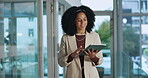 Tablet, smile and planning with business woman in office for account manager, night and portfolio. Client update, wealth advisor and audit review with person in agency for overtime consultant