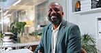Professional, smile and face of business black man in office for attorney research, legal aid and night. Lawyer, advocate and client advisor with person in law firm agency for overtime on court case