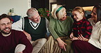 Christmas, funny and family in lounge, love and bonding together with tradition. Home, festive season and grandparents with child, mother and father with happiness, relax and laughing with humor