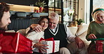 Christmas, hug or senior dad with gift for happy family, support or festive celebration. Care, smile or woman giving xmas present for gratitude, elderly parent or love for holiday tradition in home