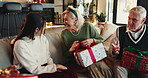 Christmas, open or mature mom with gift for appreciation, support or festive celebration. Happy, family or woman with xmas present for gratitude, senior parent or love for holiday tradition in home