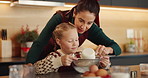 Flour, baking and mother with child in kitchen for cooking, teaching or bonding in home together. Ingredients, learning and mom with girl kid for preparing dessert, cookies or cake for snack in house