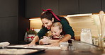 Mom, daughter and baking with flour in kitchen for christmas celebration or festive holiday in home. Mother, child or clapping hands with baker or powder for santa cookies, cake or dessert in house