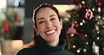 Christmas, face and laughing with woman in living room of home for December holiday season. Festive, funny and smile of happy mature person in apartment for winter celebration or tradition at night