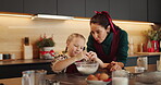 Baking, mother and child with egg on Christmas for teaching recipe, festive cookies or cake in home. Family, woman and girl with ingredients in kitchen for santa snacks, preparation and instructions