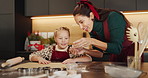 Pastry, baking and mother with child in kitchen for learning, happiness or cooking together in home. Laugh, teaching and mom with girl kid for preparing cookies, cake or dessert with bonding in house