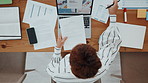 Paperwork, laptop and businesswoman in office for finance report on investment proposal. Documents, computer and female financial manager planning for corporate budget in workplace from above.
