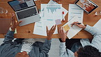 Teamwork, hands or people with graphs for top view, documents and meeting in business. Tablet. laptop and financial analyst in group discussion for online report, economy growth and paperwork review