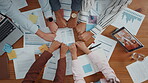Documents, finance and fists business people in circle for collaboration or unity from above. Accounting, paperwork and solidarity with hands of employee team in workplace together for support