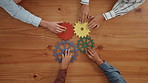 Hands, solidarity and business people with gears, toys and collaboration with solution. Closeup, employees or team building in office, sign and symbol with problem solving, above or puzzle innovation