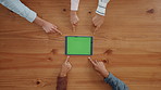 Hands, pointing and tablet with green screen, group and above with digital app. People, table and mockup with tech, internet or promotion for company website, connection and gesture with social media