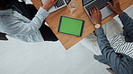 Above, green screen and business people in office, tablet and copywriting with website layout. Closeup, employees and journalist in meeting, tech or deadline with collaboration or magazine editor