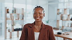 Face, ambition and woman with smile in office, intern or confident for career growth or opportunity. Trainee, copywriter and black person in creative agency, public relations and excited in Kenya