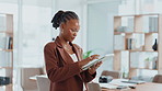 Creative, review or black woman on tablet for startup, post schedule or online update research. Business, app or content strategist on technology for digital marketing trends or social media growth