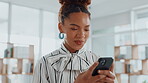 Smile, woman and typing with phone in office for research, news editor and feedback on story. Journalist, mobile and laughing for funny reviews, communication and proofreading article for publication