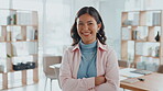 Arms crossed, face and internship with business woman in office for entrepreneur, about us and pride. Learning opportunity, creative startup and confidence with person in agency for happy and future
