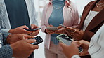 Business people, hands and research with phone in circle for data sync or sharing information. Group, employees or browsing with mobile smartphone in meeting or huddle for app, network or connection