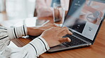 Screen, hands or person on laptop for homepage, post schedule or online update research. Closeup, scroll or content strategist on technology for digital marketing trends, web or social media growth