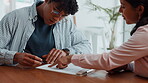 Man, contract and signature with woman pointing for planning, consultation or help for deal. Financial advisor, legal documents and agreement with lawyer, client and law firm for report or paperwork