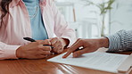 Hands, contract and signature with people pointing for planning, consultation or deal. Financial advisor, legal documents and agreement with closeup of lawyer, client and law firm for report help