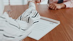 Handshake, contract and signature with hands of people for planning, consultation or deal. Financial advisor, legal documents and agreement with closeup of lawyer and client in law firm for report