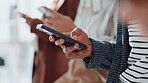 Man, hands and phone with team for business, networking or communication in office. Company group, mobile connection or scroll in agency for email chain, contact search or sharing information in link