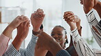 Group, business and people holding hands in office for partnership, teamwork and success. Staff, collaboration and motivation for employees, celebration and solidarity for achievement of company goal