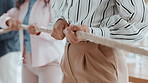 Tug of war, hands and group of business people with competition, game and challenge in office. Teamwork, pull rope and cooperation with strength, power and collaboration with synergy for contest