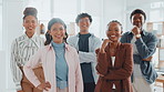 Face, smile and business people in office, collaboration and diversity with design team. Group, men and women in workplace, about us and creative agency with success, multiracial and solidarity