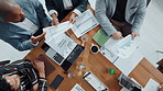 Above, paperwork and business people in meeting, charts and accounting with feedback for annual report. Group, employees and financial advisor in office, collaboration and stats for audit and graphs