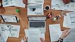 Above, hands and people with paperwork in office for accounting, finance report and company funds. Staff, team and giving documents in meeting, financial statement and information for tax compliance