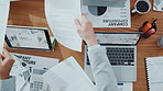 Hands, people and meeting with documents in office for accounting, finance report and company funds. Above, team and giving paperwork to staff, financial statement and information for tax compliance