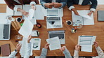 Hands, people and meeting with documents in office of accounting, finance report and company funds. Staff, team and above with paperwork timelapse, financial statement and planning for tax compliance