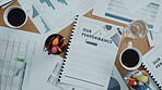 Documents, graph and table for performance in office with finance report, budget charts and profit growth. Paperwork, financial and statistics, revenue results and company progress for audit proposal
