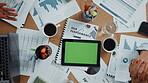 People, meeting and green screen on tablet in office for accounting, finance report and feedback. Mockup space, digital and above with staff for financial planning, tax compliance and investment idea